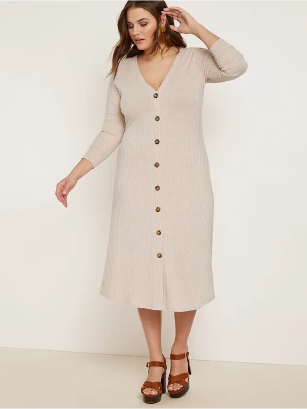 Eloquii Ribbed Knit Button Front Long Sleeve Midi Dress